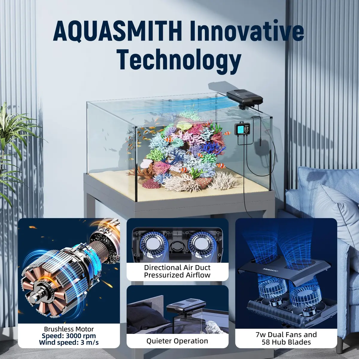 AQUASMITH Aquarium Chiller Fan with Temperature Control | Silent, Auto Start/Stop, 3-Speed Modes for Fish & Coral Tanks - view 5