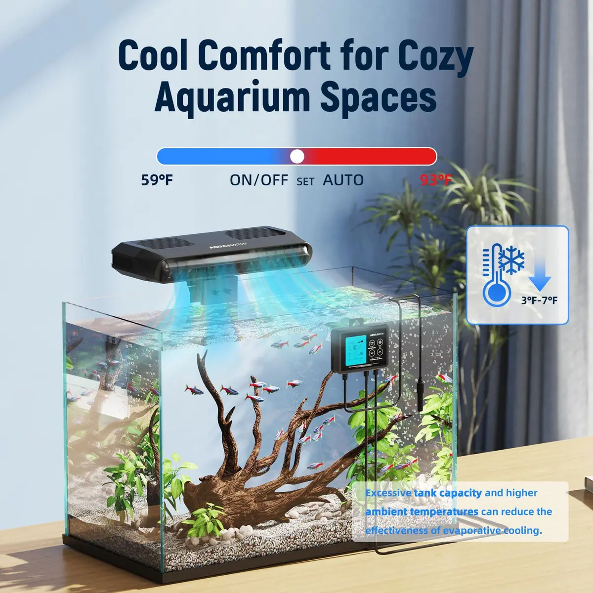 AQUASMITH Aquarium Chiller Fan with Temperature Control | Silent, Auto Start/Stop, 3-Speed Modes for Fish & Coral Tanks - view 2