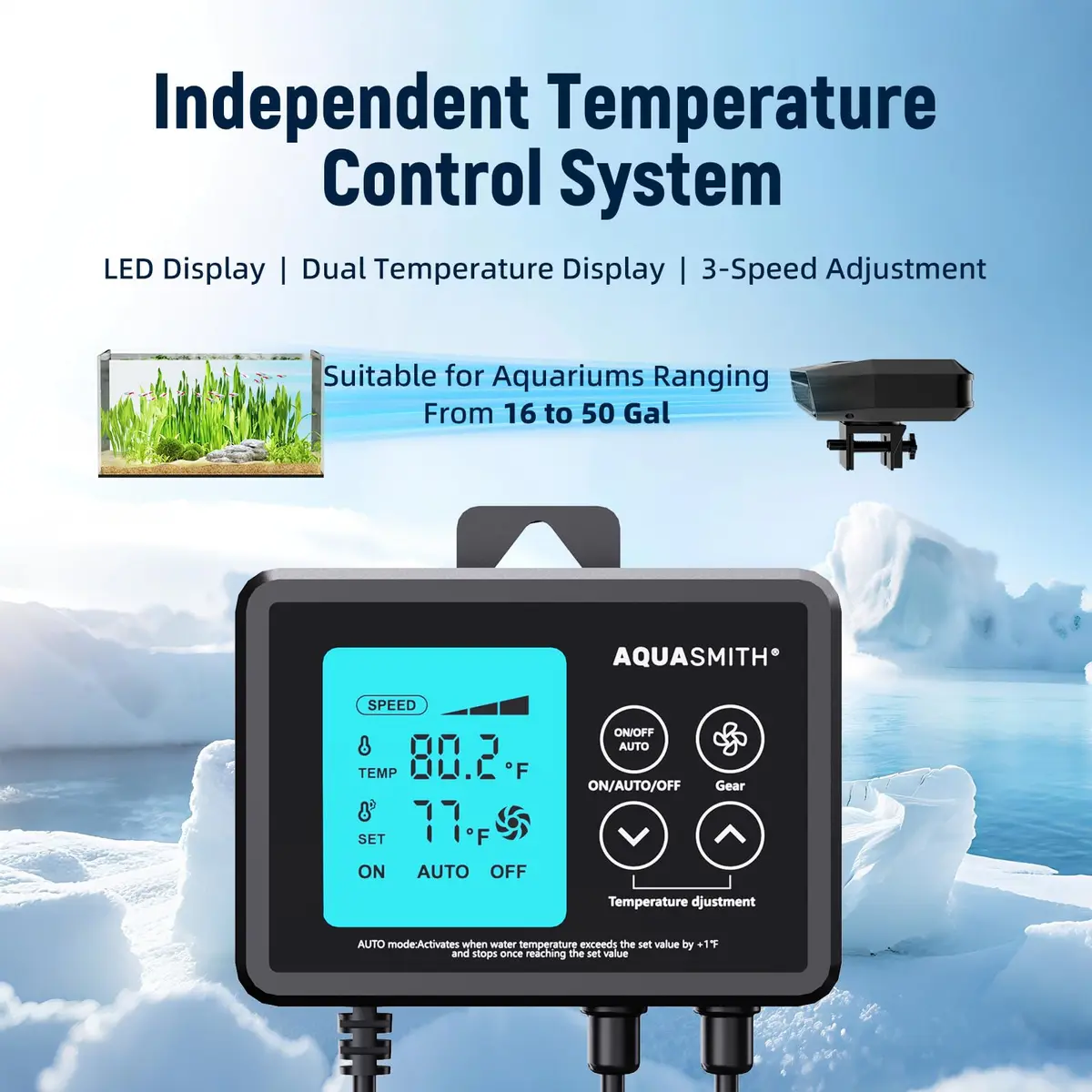 AQUASMITH Aquarium Chiller Fan with Temperature Control | Silent, Auto Start/Stop, 3-Speed Modes for Fish & Coral Tanks - view 3