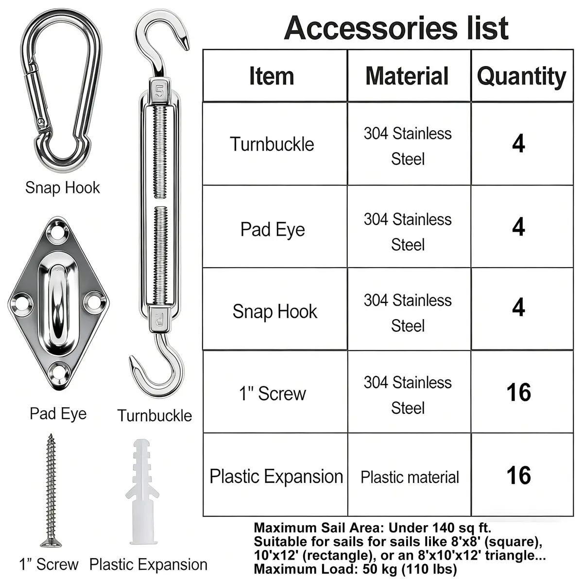 YOFIT 44 Pcs Shade Sail Hardware Kit 5 Inch | 304 Stainless Steel Turnbuckles & Brackets for Triangle/Rectangle Sails - view 2