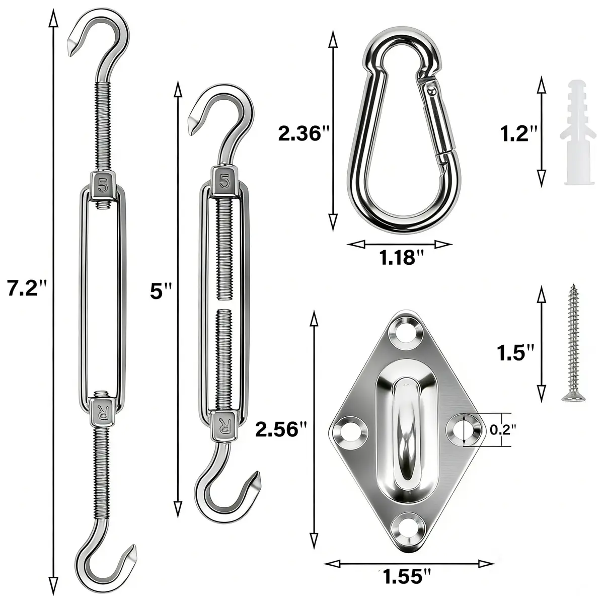 YOFIT 44 Pcs Shade Sail Hardware Kit 5 Inch | 304 Stainless Steel Turnbuckles & Brackets for Triangle/Rectangle Sails - view 3