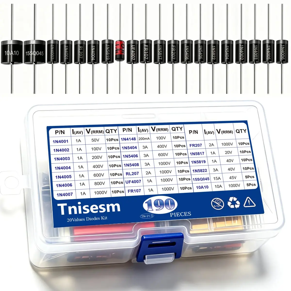 Tnisesm 20 Values Diodes Kit 190 Pcs | Rectifier, Schottky, Fast Recovery, Switching Diodes Assortment - main product image