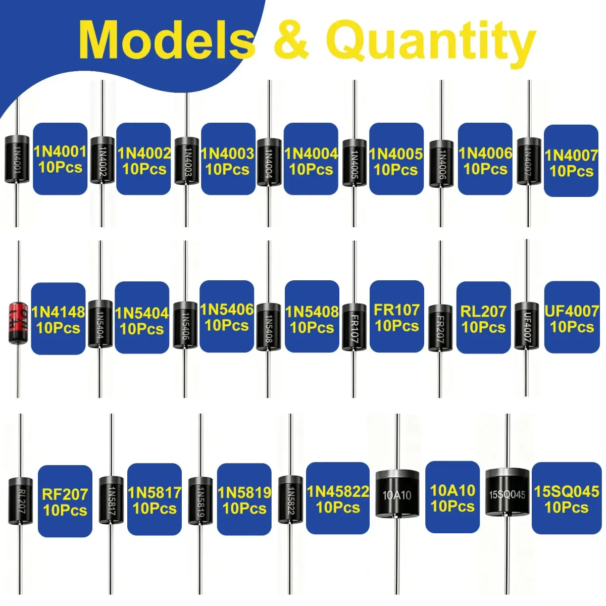 Tnisesm 20 Values Diodes Kit 190 Pcs | Rectifier, Schottky, Fast Recovery, Switching Diodes Assortment - view 2
