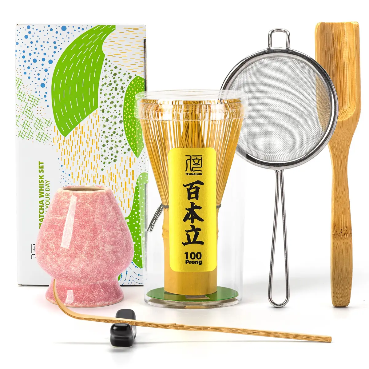 TEANAGOO Matcha Whisk Set,100 Prongs with Pink Holder,6-PCS Traditional Kit for Frothy Matcha (en_US) - main product image