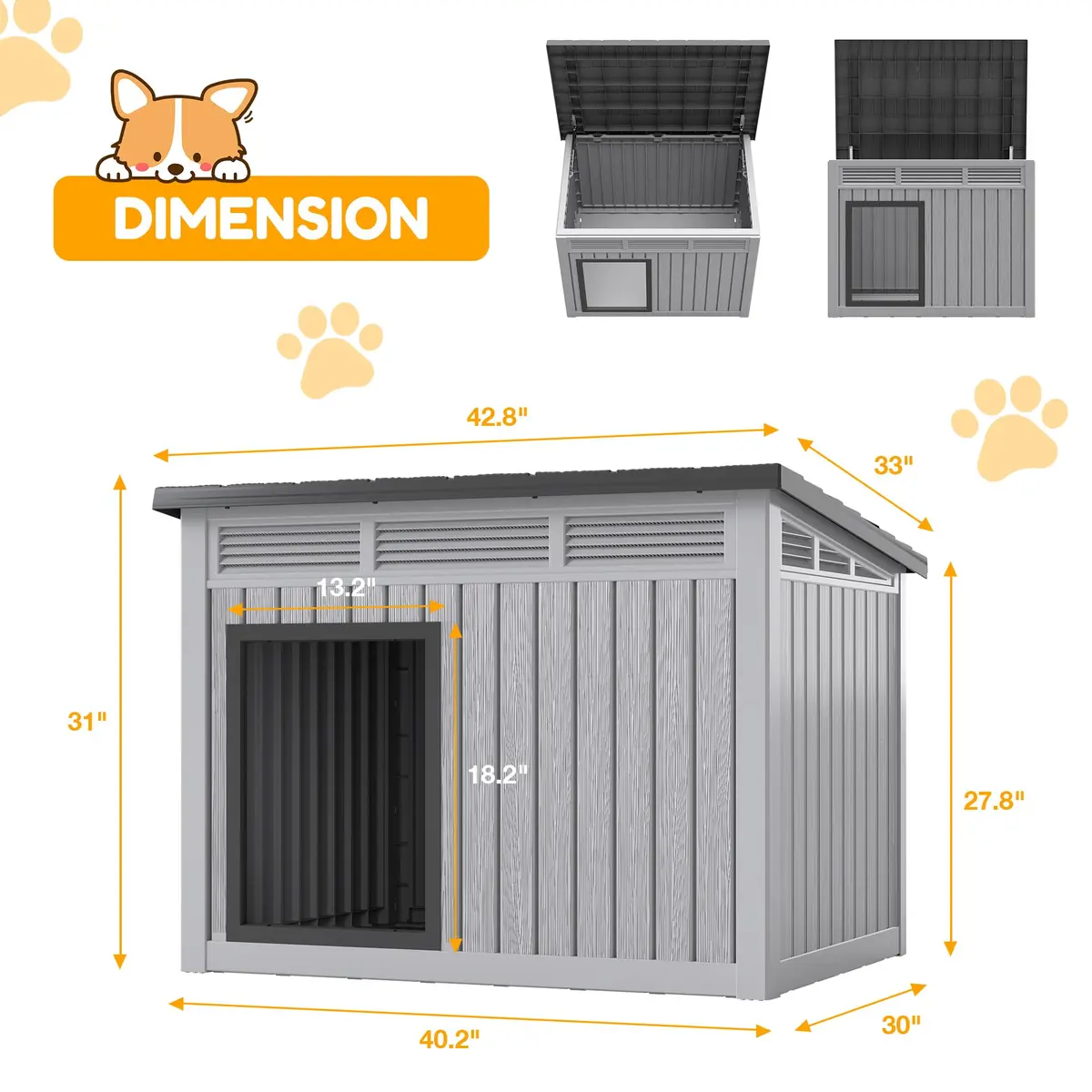 Fancyango Large Dog House with Weatherproof Roof for Indoor & Outdoor Use - Big Dog House for Large Medium Dogs (42.8" L x 33" W x 31.5" H) Grey - view 8