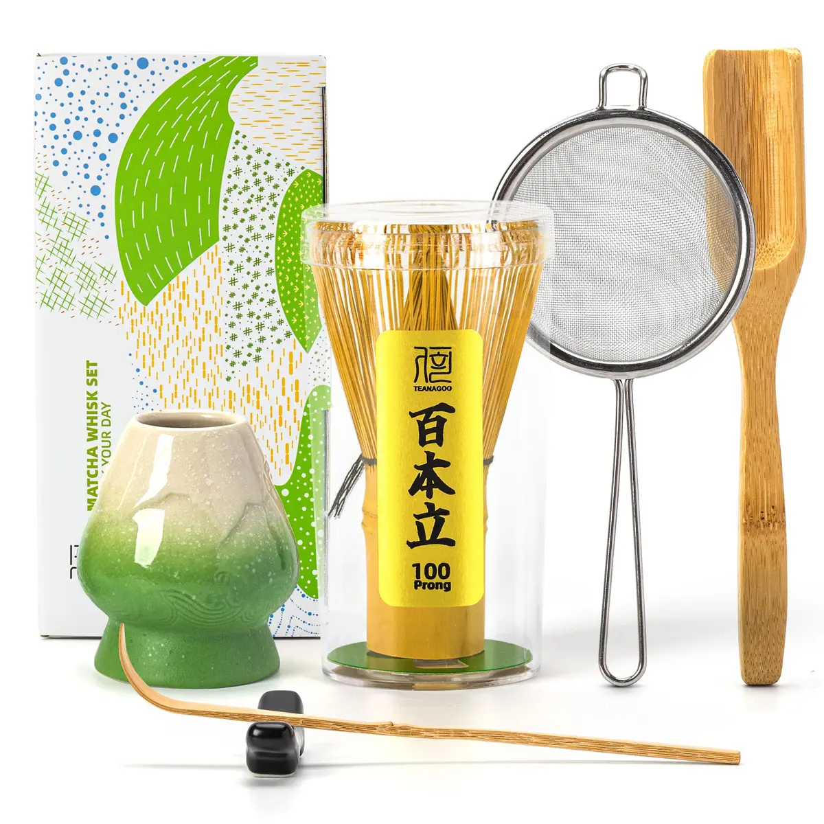TEANAGOO Matcha Whisk Set,100 Prongs with Green Holder,6-PCS Traditional Starter Kit,Chashaku & Tea Spoon, Bamboo for Frothy Matcha - main product image