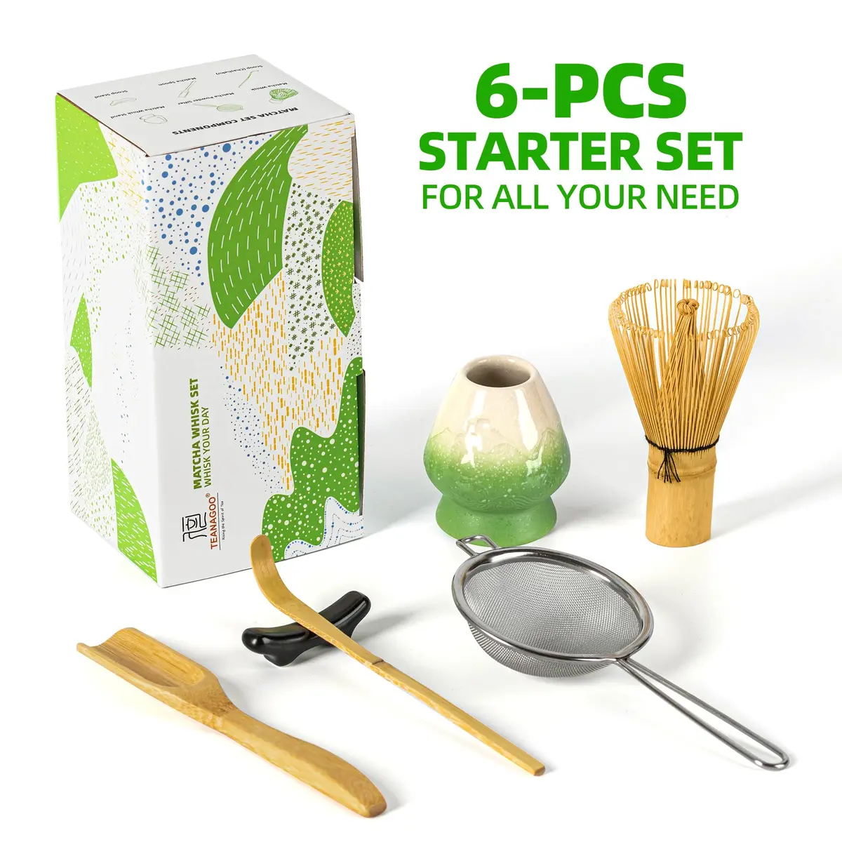 TEANAGOO Matcha Whisk Set,100 Prongs with Green Holder,6-PCS Traditional Starter Kit,Chashaku & Tea Spoon, Bamboo for Frothy Matcha - view 6