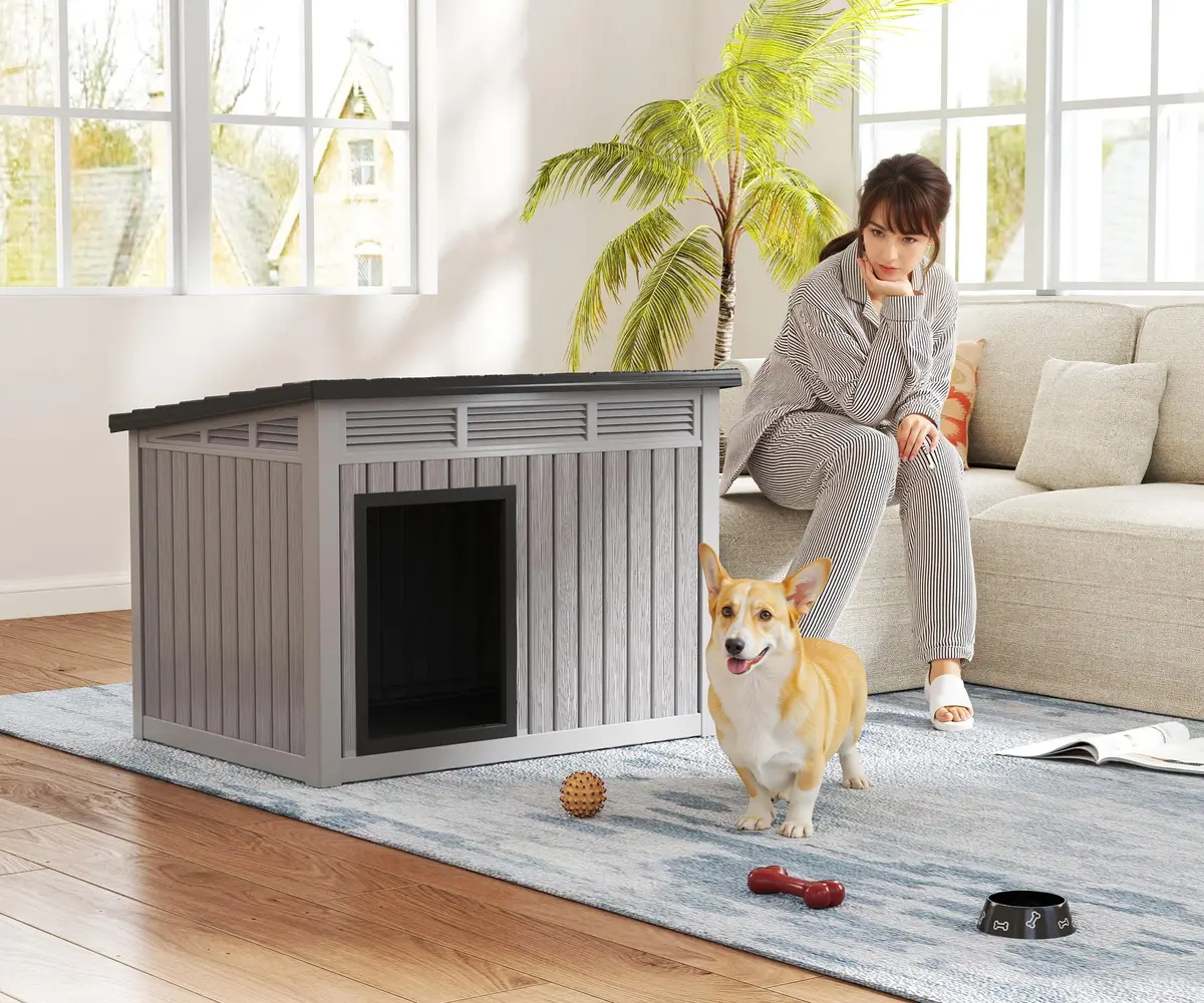Fancyango Dog House for Indoor & Outdoor Use | Weatherproof, Fits Small to Medium Dogs (32.1" L x 25.1" W x 24" H) | Grey - view 7