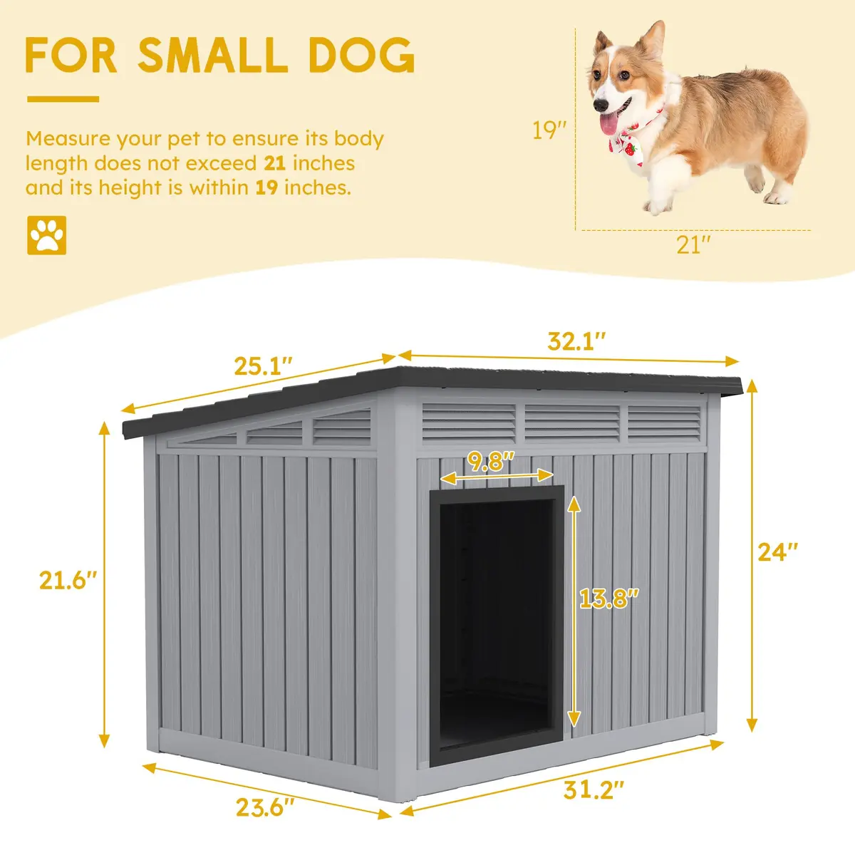 Fancyango Dog House for Indoor & Outdoor Use | Weatherproof, Fits Small to Medium Dogs (32.1" L x 25.1" W x 24" H) | Grey - view 4