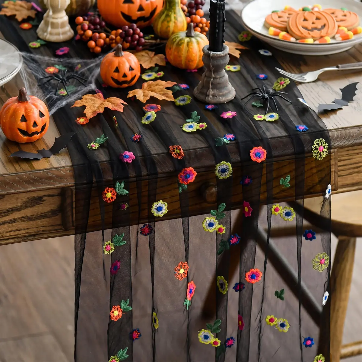 Artoid Mode Black Embroidery Daisy Gauze Table Runner 28 x 120 Inch | Rustic Bohemian Style for Indian Homes - main product image