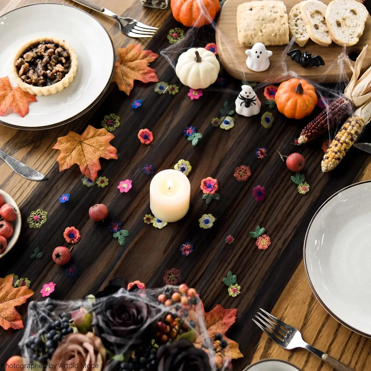 Artoid Mode Black Embroidery Daisy Gauze Table Runner 28 x 120 Inch | Rustic Bohemian Style for Indian Homes - view 7