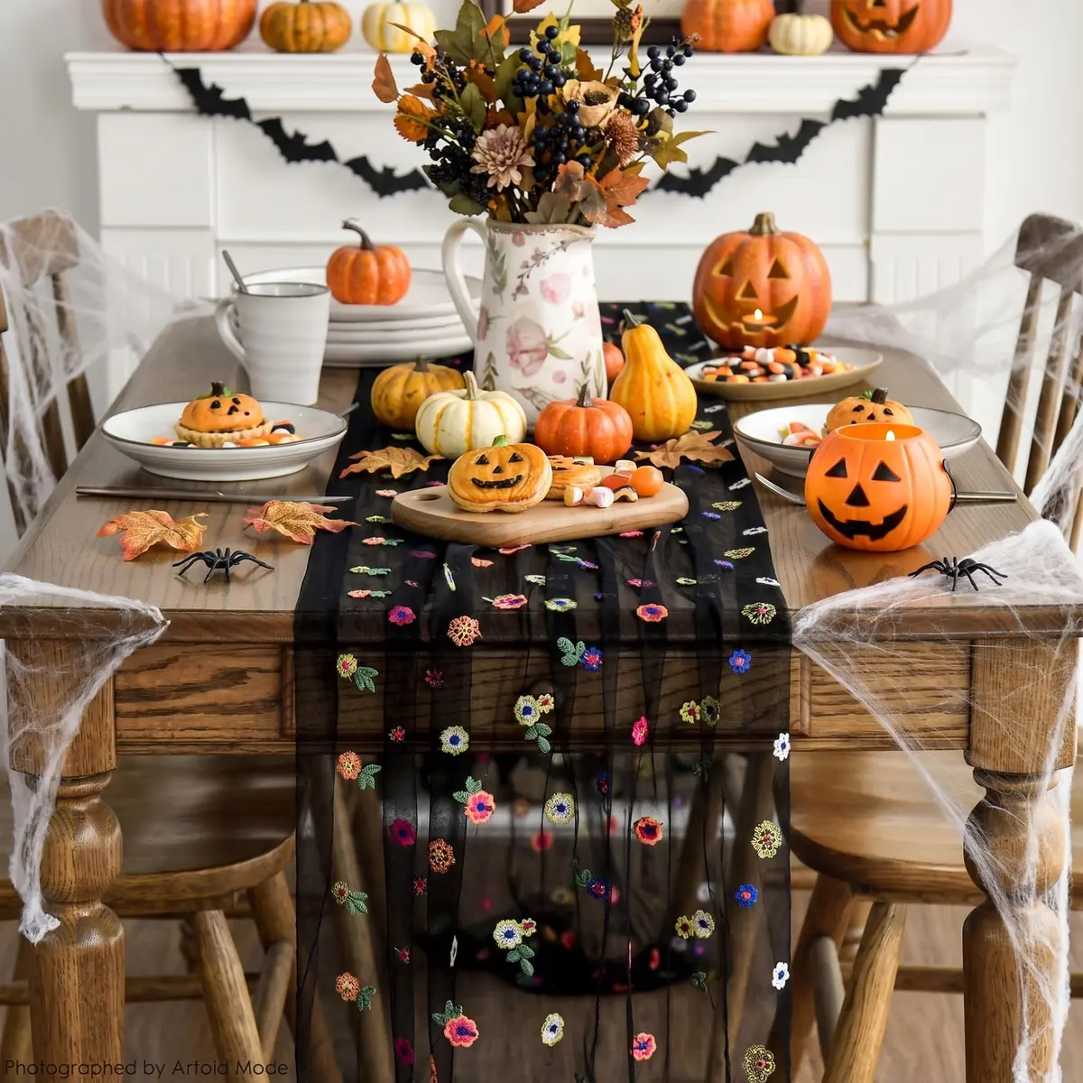 Artoid Mode Black Embroidery Daisy Gauze Table Runner 28 x 120 Inch | Rustic Bohemian Style for Indian Homes - view 2
