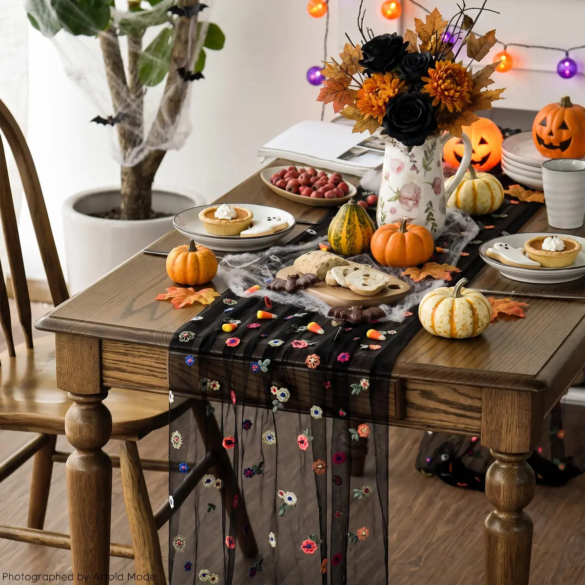 Artoid Mode Black Embroidery Daisy Gauze Table Runner 28 x 120 Inch | Rustic Bohemian Style for Indian Homes - view 3