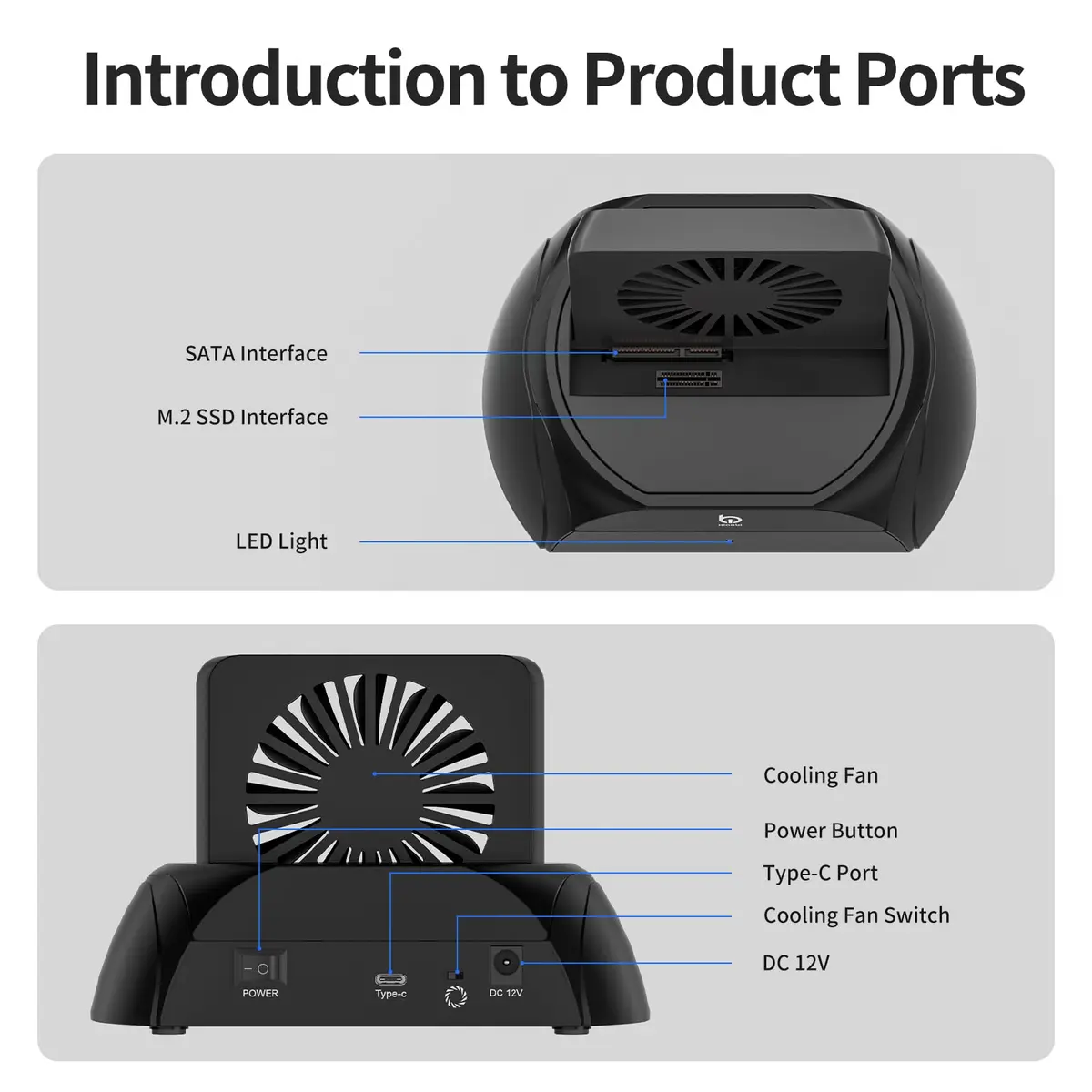 xiaobi Hard Drive Docking Station with Cooling Fan | NVMe & SATA Support, USB-C, 2.5/3.5" HDD & SSD, Independent Fan & Power Switches - view 2