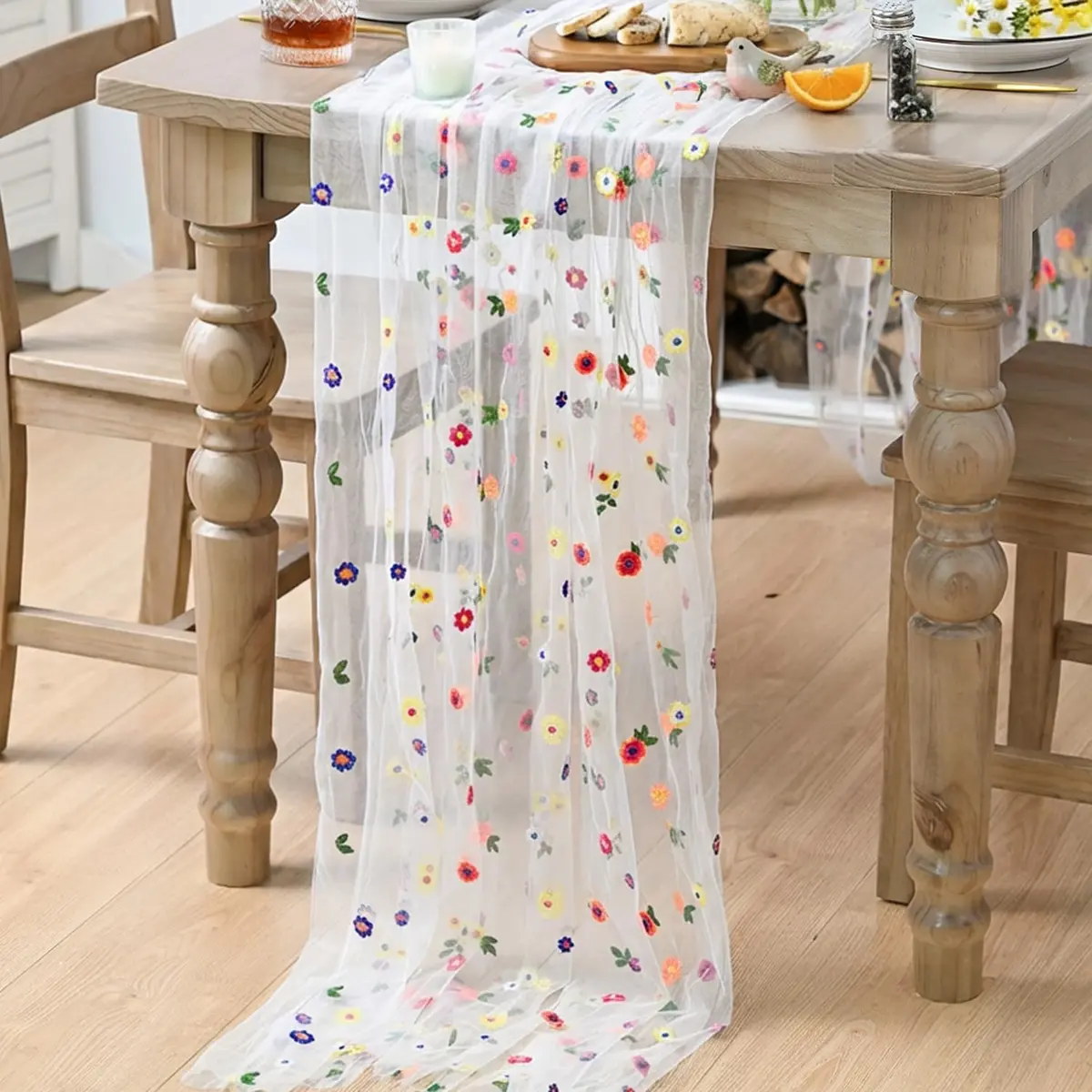 Artoid Mode Embroidery Daisy Gauze Table Runner 71cm x 305cm | Rustic Floral Home Decor - view 4