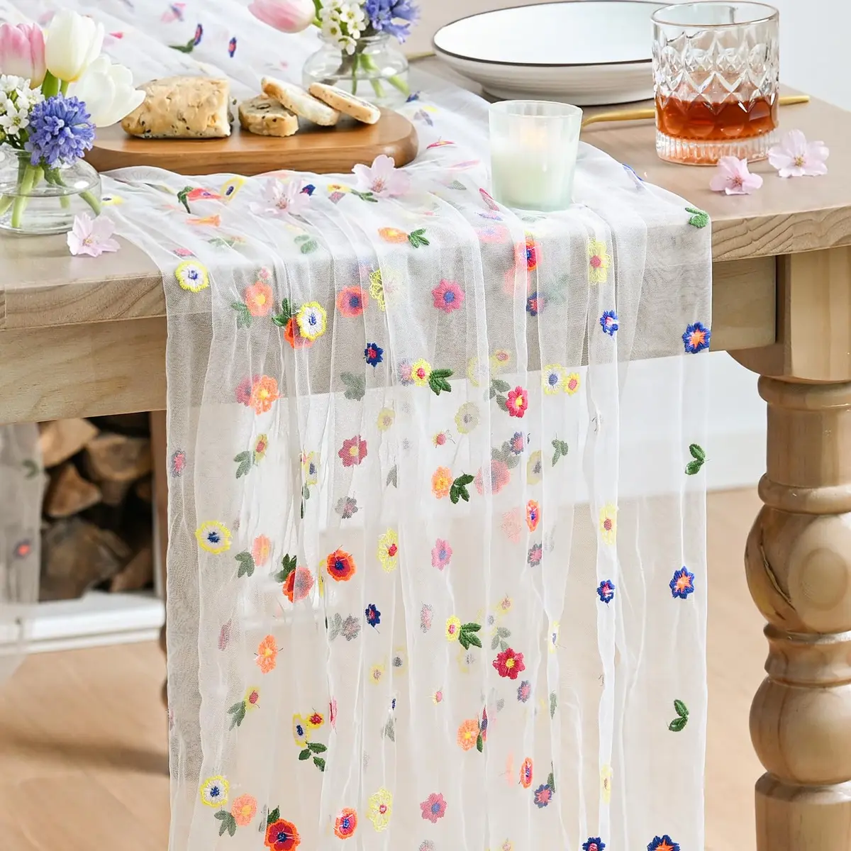 Artoid Mode Embroidery Daisy Gauze Table Runner 71cm x 305cm | Rustic Floral Home Decor - main product image