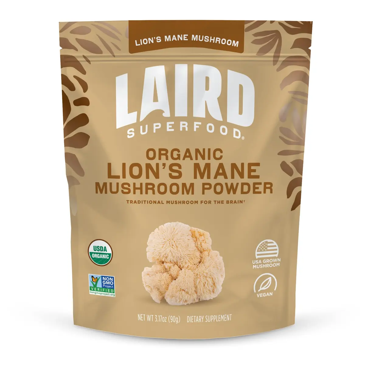 Laird Superfood Organic Lions Mane Mushroom Powder for Cognitive Function and Immune Support, 3.17 oz. Bag | Pure Organic Mushroom Support - main product image
