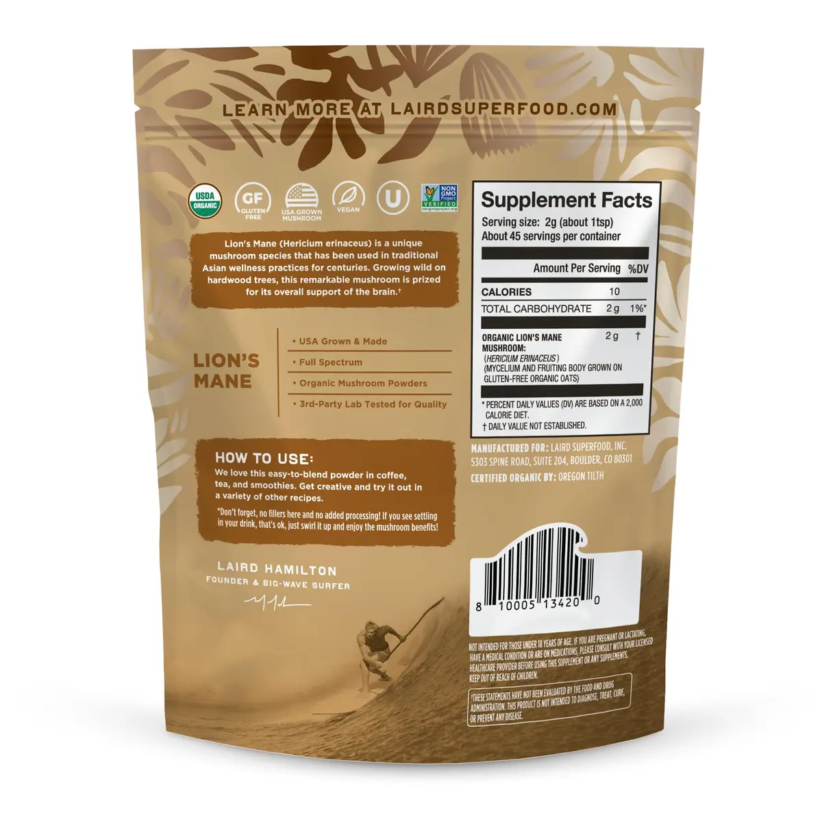 Laird Superfood Organic Lions Mane Mushroom Powder for Cognitive Function and Immune Support, 3.17 oz. Bag | Pure Organic Mushroom Support - view 2