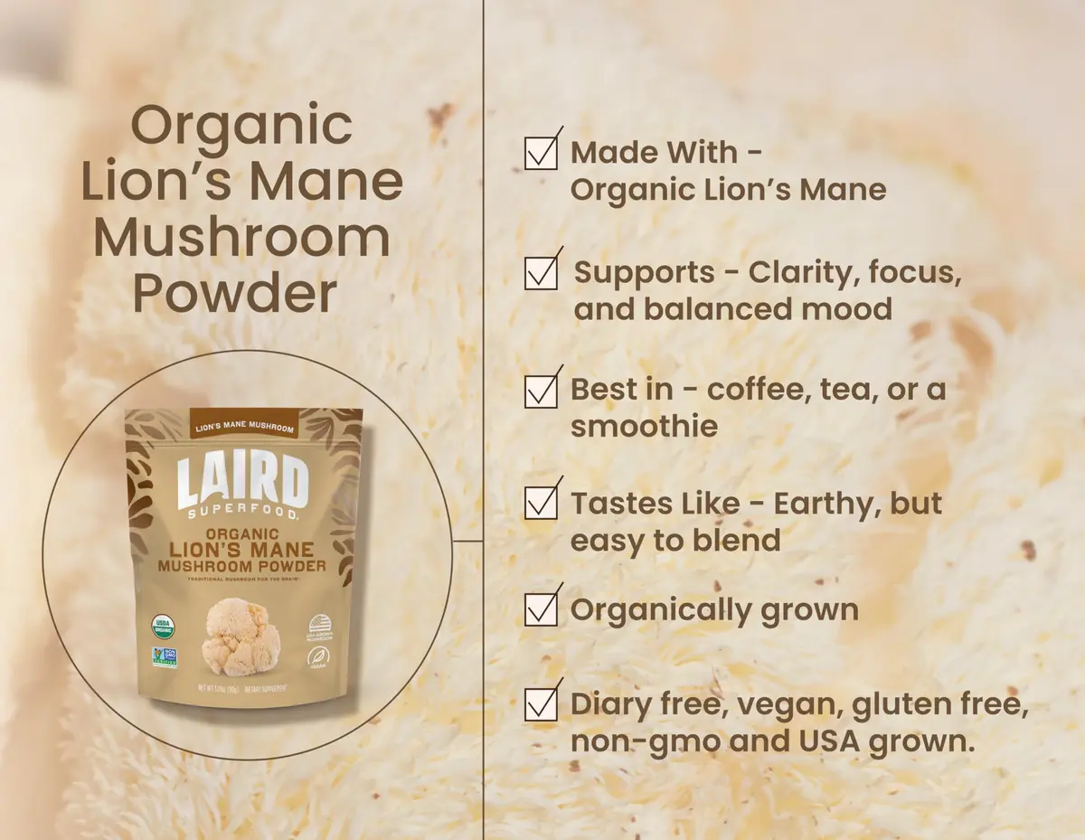 Laird Superfood Organic Lions Mane Mushroom Powder for Cognitive Function and Immune Support, 3.17 oz. Bag | Pure Organic Mushroom Support - view 3