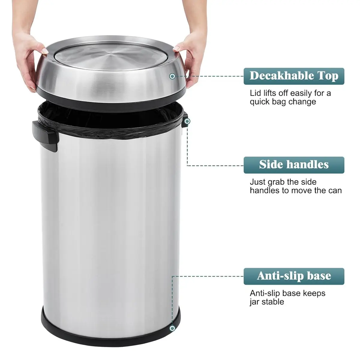 EcoSummer 17 Gal/65L Commercial-Grade Stainless Steel Trash Can | Brushed 304 Stainless Steel Open-Front Waste Bin for Restaurant & Office - view 6