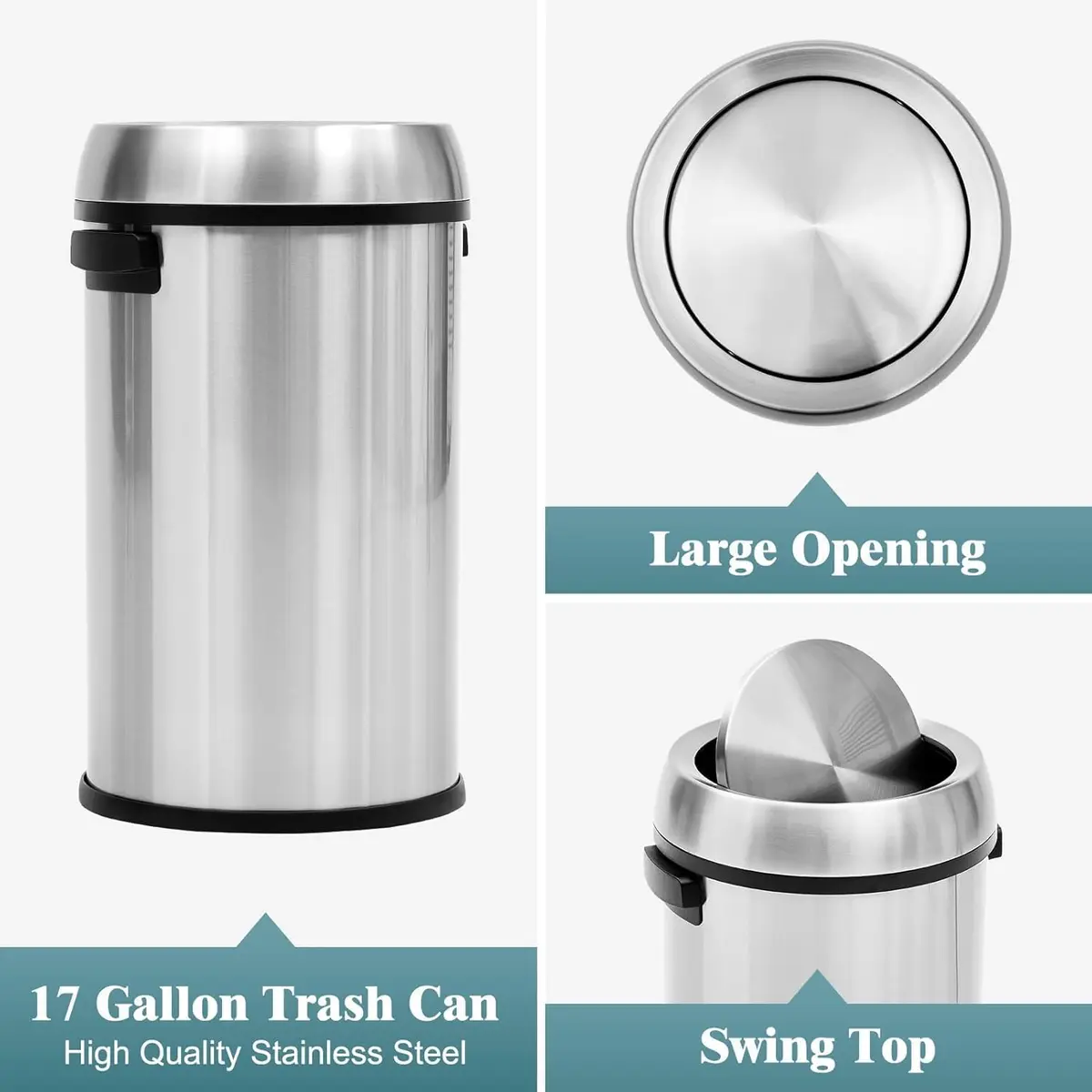 EcoSummer 17 Gal/65L Commercial-Grade Stainless Steel Trash Can | Brushed 304 Stainless Steel Open-Front Waste Bin for Restaurant & Office - view 4