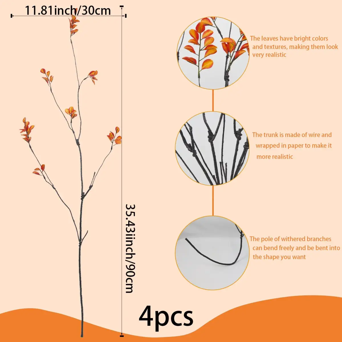 ACRYCS Artificial Greenery Stems 90cm (35.4") Orange Faux Branches | 4 Pcs Vase Filler for Autumn Decor - view 2