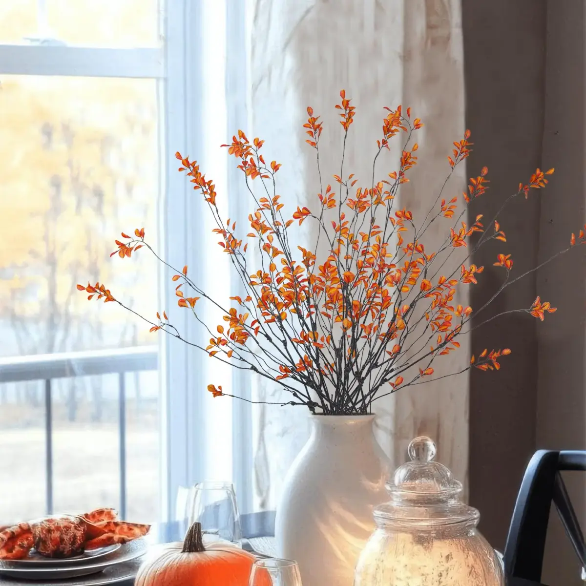 ACRYCS Artificial Greenery Stems 90cm (35.4") Orange Faux Branches | 4 Pcs Vase Filler for Autumn Decor - view 3
