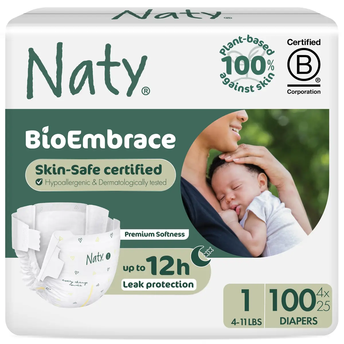 Naty BioEmbrace Newborn Diapers Size 1 | Sensitive Skin, 100 Ct, Plant-Based Comfort - main product image