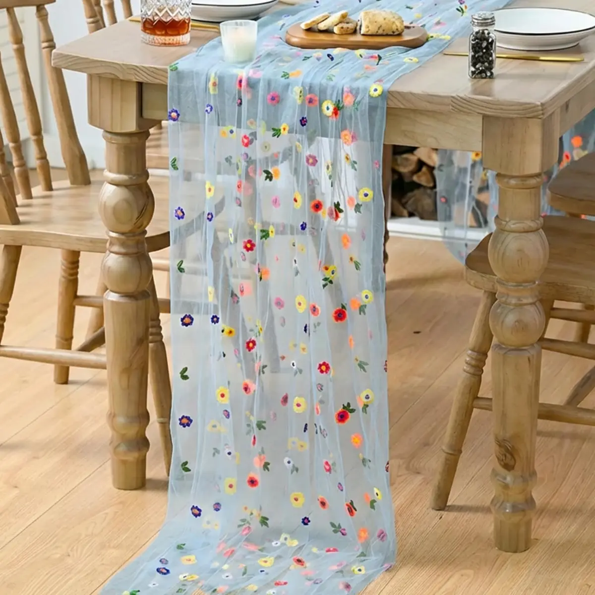 Artoid Mode Blue Embroidery Daisy Gauze Table Runner 28 x 120 Inch (71 x 305 cm) | Festive Indian Home Decor - view 4