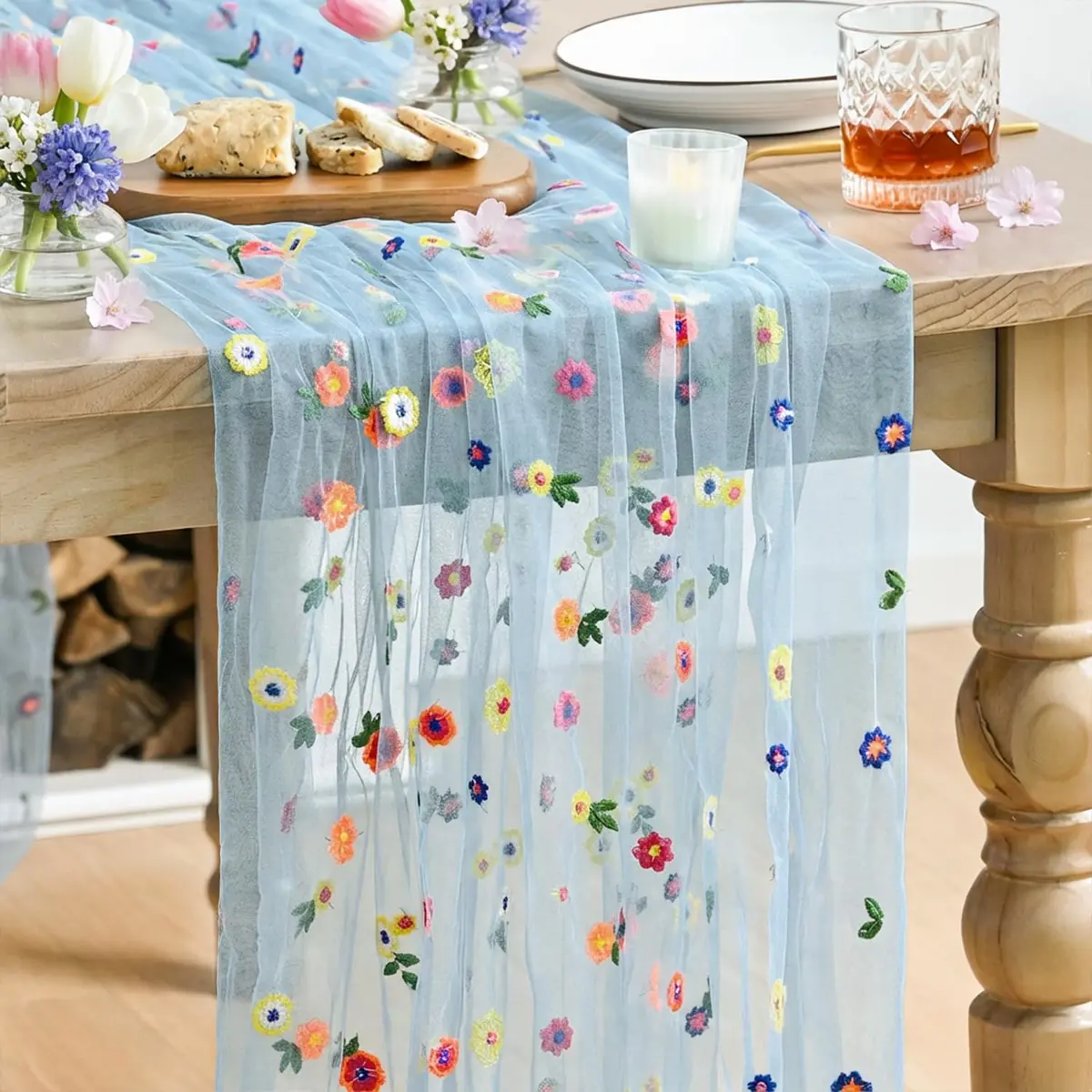 Artoid Mode Blue Embroidery Daisy Gauze Table Runner 28 x 120 Inch (71 x 305 cm) | Festive Indian Home Decor - main product image