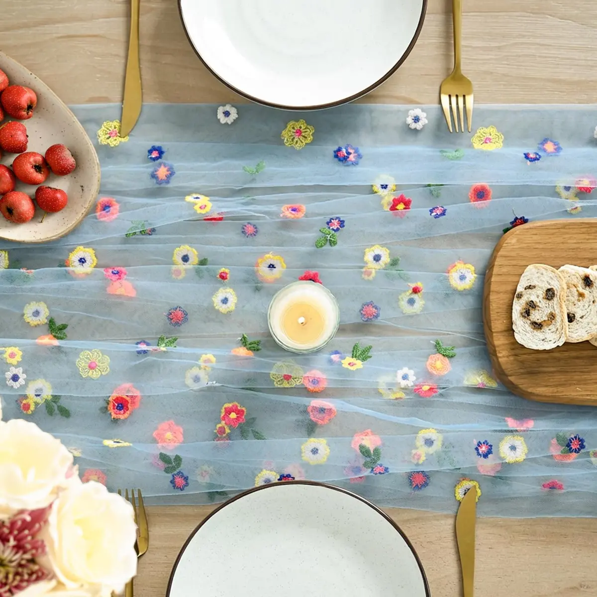 Artoid Mode Blue Embroidery Daisy Gauze Table Runner 28 x 120 Inch (71 x 305 cm) | Festive Indian Home Decor - view 2