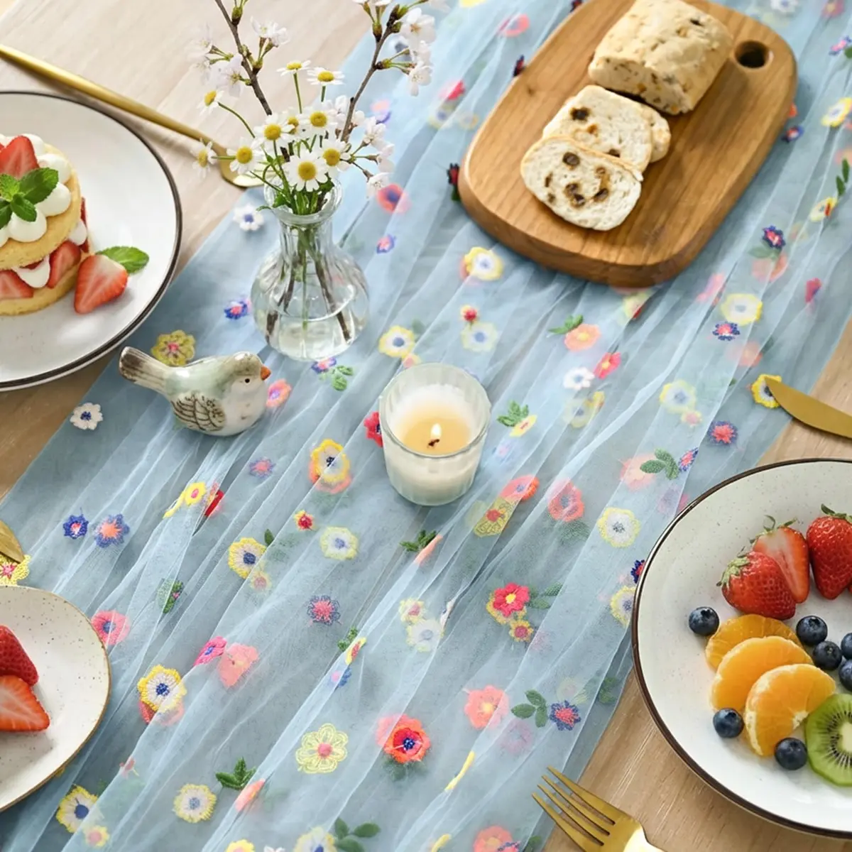 Artoid Mode Blue Embroidery Daisy Gauze Table Runner 28 x 120 Inch (71 x 305 cm) | Festive Indian Home Decor - view 3
