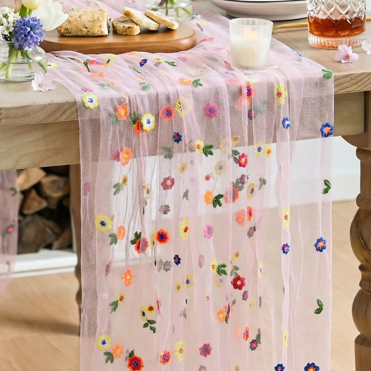 Artoid Mode Pink Embroidery Daisy Gauze Table Runner 28 x 120 Inch | Bright Floral Print for Festive Decor - main product image