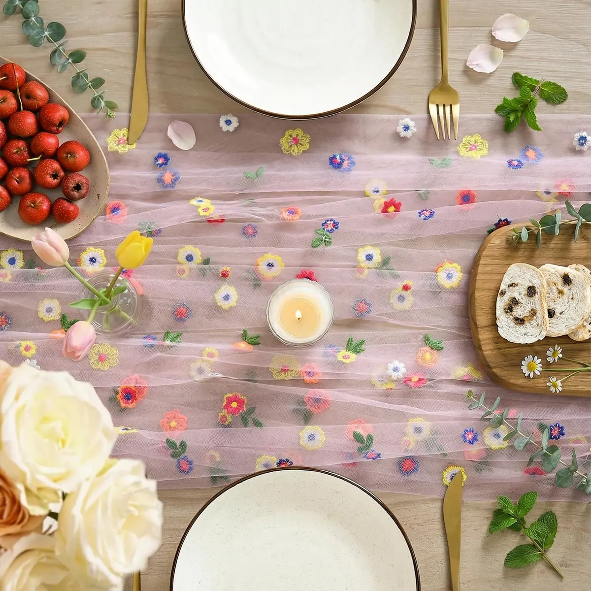 Artoid Mode Pink Embroidery Daisy Gauze Table Runner 28 x 120 Inch | Bright Floral Print for Festive Decor - view 2