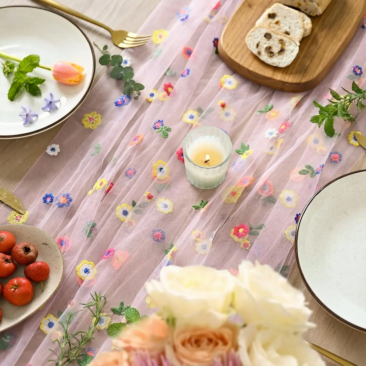 Artoid Mode Pink Embroidery Daisy Gauze Table Runner 28 x 120 Inch | Bright Floral Print for Festive Decor - view 3