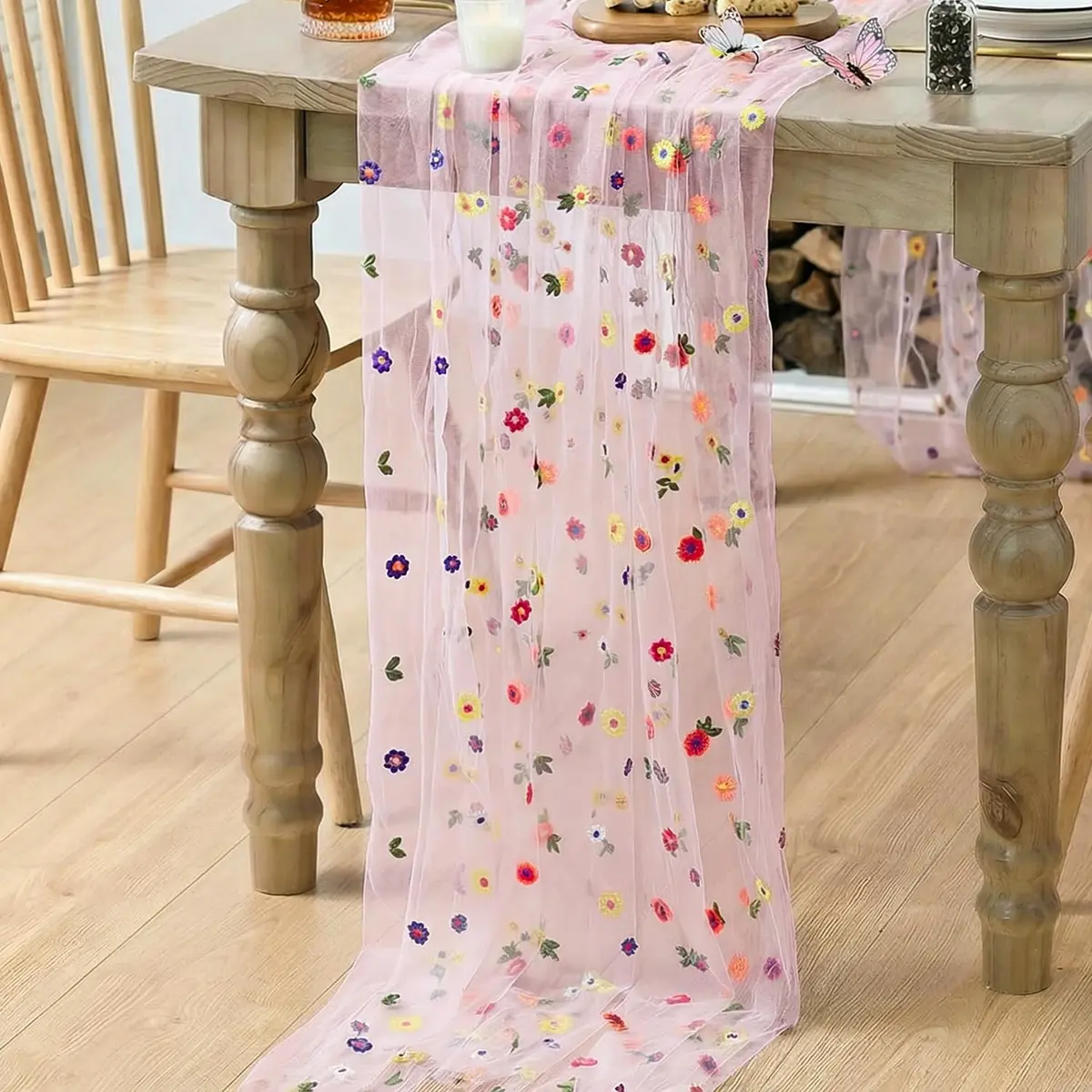 Artoid Mode Pink Embroidery Daisy Gauze Table Runner 28 x 120 Inch | Bright Floral Print for Festive Decor - view 4