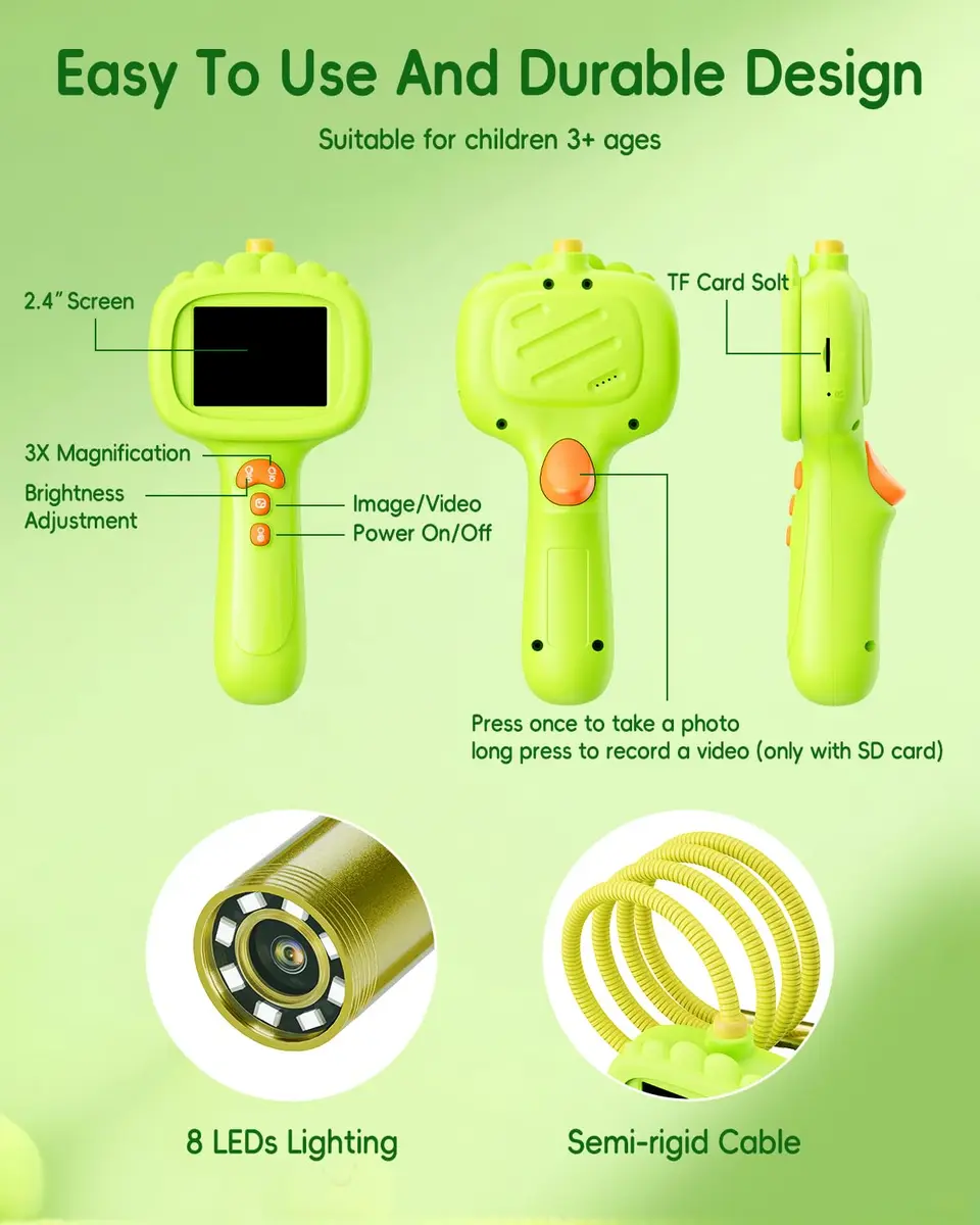 Ashfly Green Borescope Camera with Light for Kids, 7.9mm Lens & 2.4" HD Screen | STEM Educational Toy for Nature Exploration - view 3
