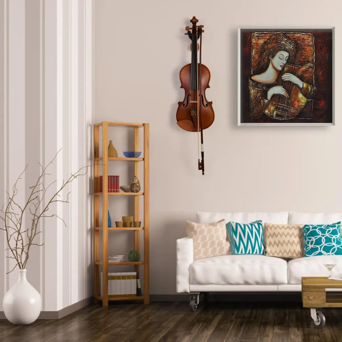WOGOD Violin Wall Mount 6 Pack with Bow Holder, Real Hardwood Violin Shape Instrument Display Hooks for Violin, Viola, Universal String Instrument Holder - view 8