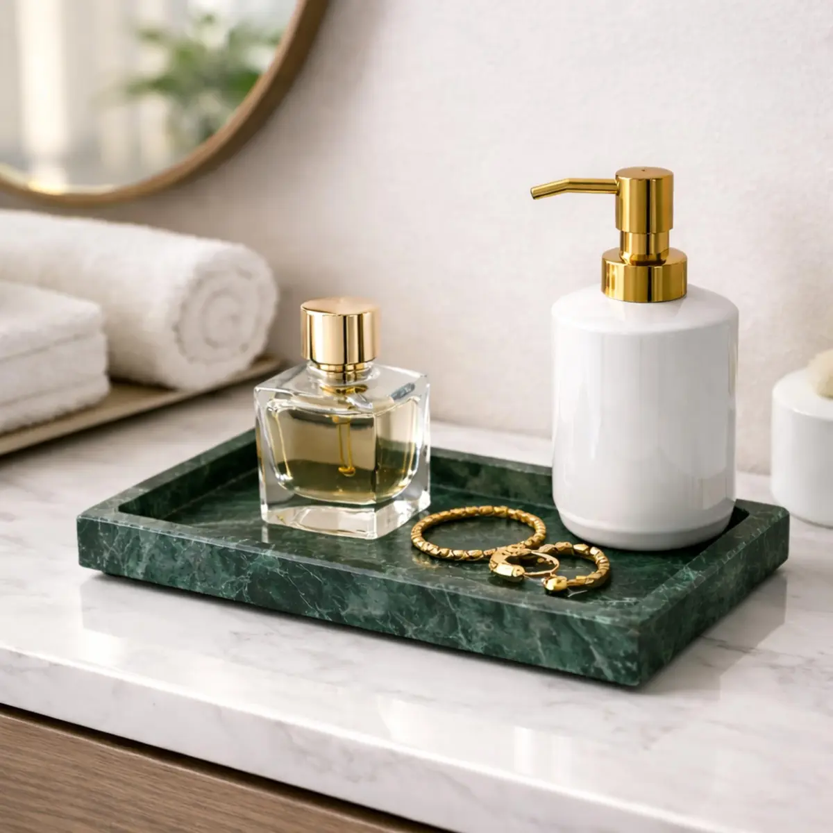 KC KULLICRAFT Natural Green Marble Tray 10" x 6" (25 x 15 cm) | Solid Stone Organizer for Bathroom, Vanity, Kitchen - view 7