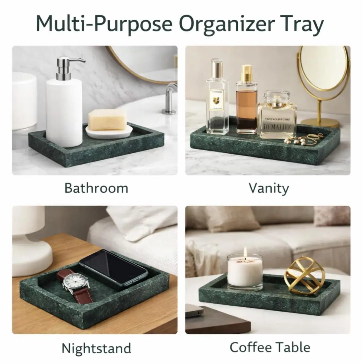 KC KULLICRAFT Natural Green Marble Tray 10" x 6" (25 x 15 cm) | Solid Stone Organizer for Bathroom, Vanity, Kitchen - view 4