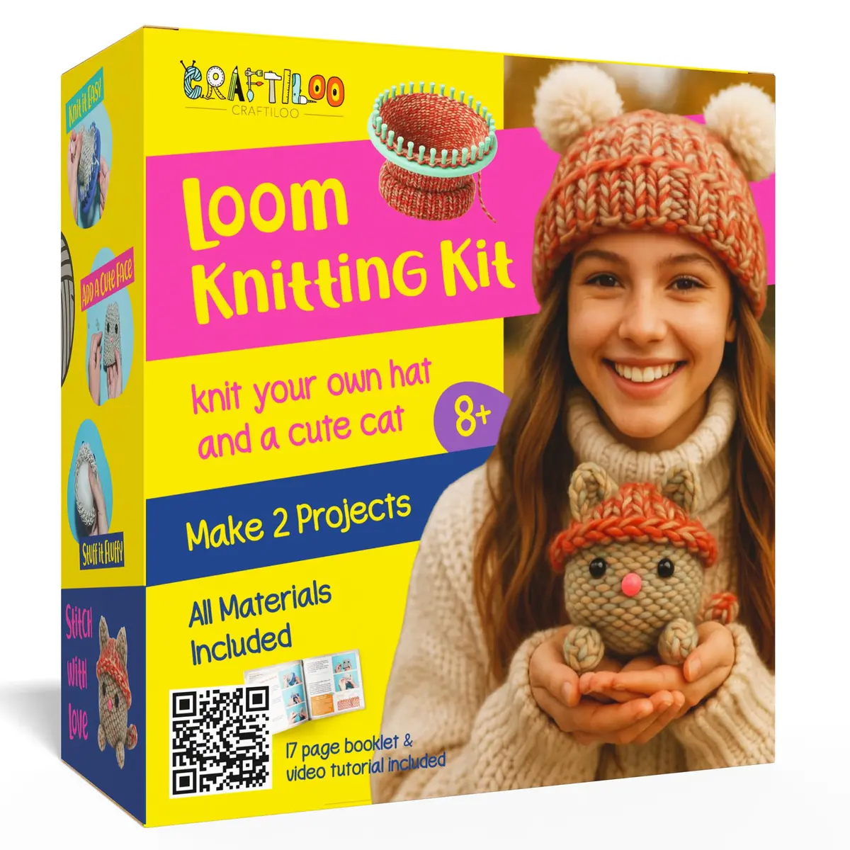 CRAFTILOO Beginner Loom Knitting Kit for Kids - Make a Hat & Cat | Ages 8+ | Includes 2 Looms, Yarn, Tools - main product image