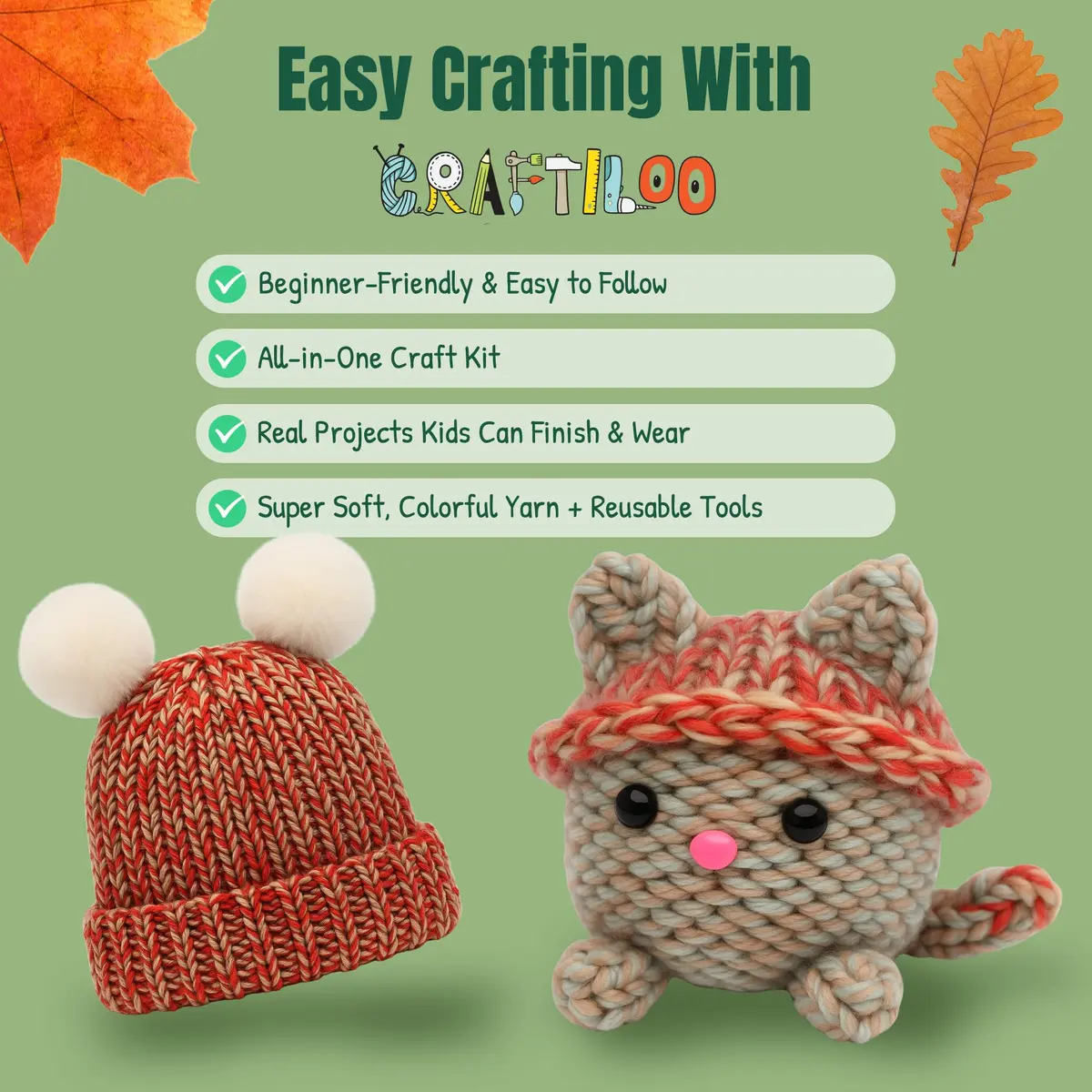 CRAFTILOO Beginner Loom Knitting Kit for Kids - Make a Hat & Cat | Ages 8+ | Includes 2 Looms, Yarn, Tools - view 7