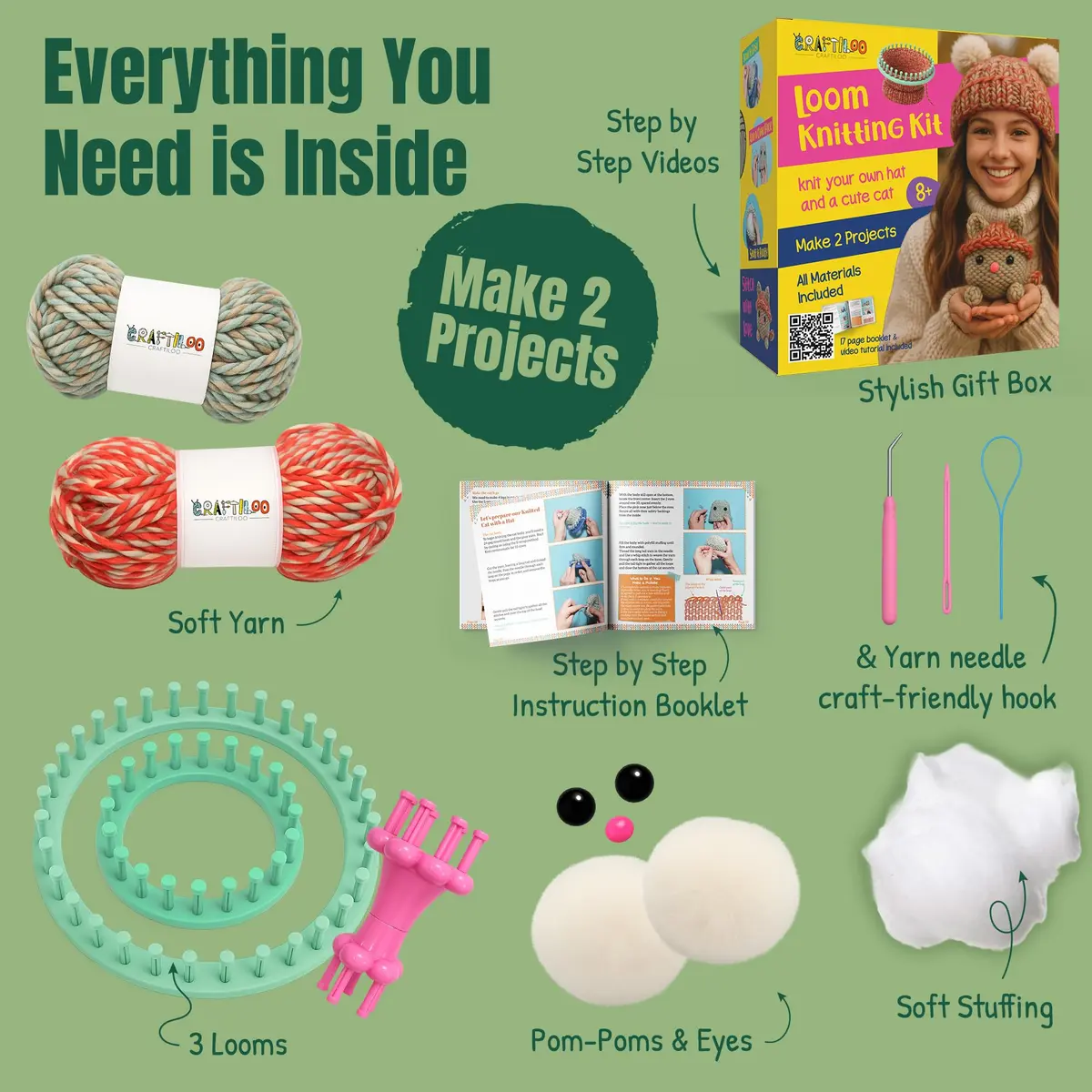 CRAFTILOO Beginner Loom Knitting Kit for Kids - Make a Hat & Cat | Ages 8+ | Includes 2 Looms, Yarn, Tools - view 2