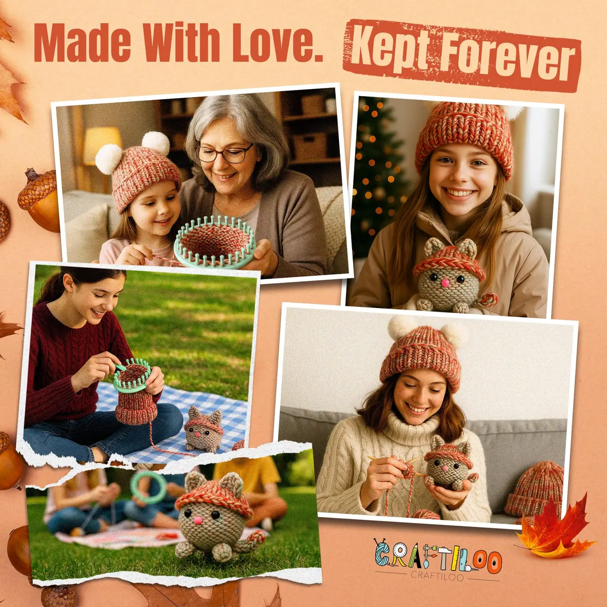 CRAFTILOO Beginner Loom Knitting Kit for Kids - Make a Hat & Cat | Ages 8+ | Includes 2 Looms, Yarn, Tools - view 3