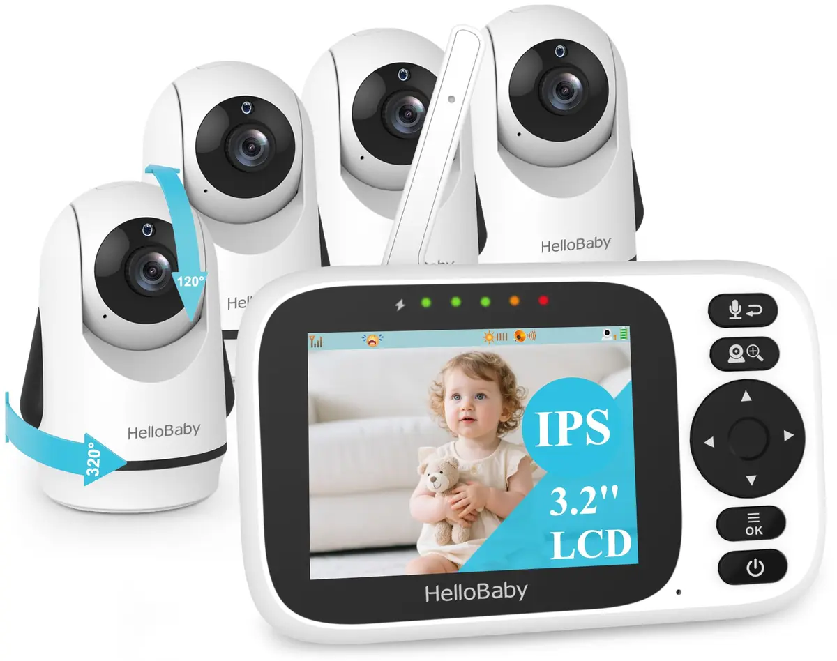 HelloBaby Baby Monitor 4 Cameras No WiFi with 3.2 Inch Screen - PTZ Camera | Secure 1000ft Range, Night Vision, 2-Way Audio - main product image