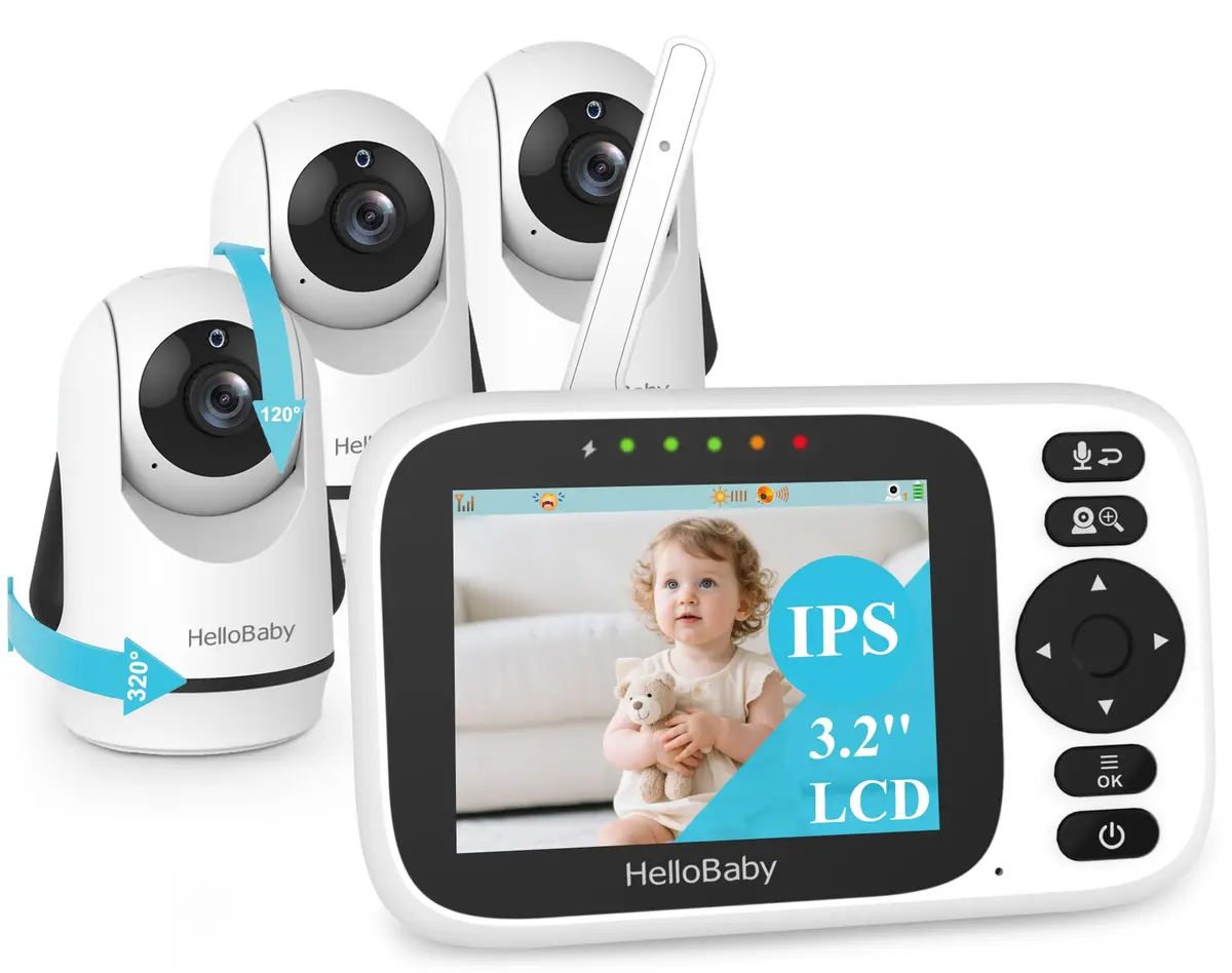 HelloBaby Video Baby Monitor 3 Cameras, 3.2" Screen, PTZ | No WiFi, 1000ft Range, Night Vision - main product image