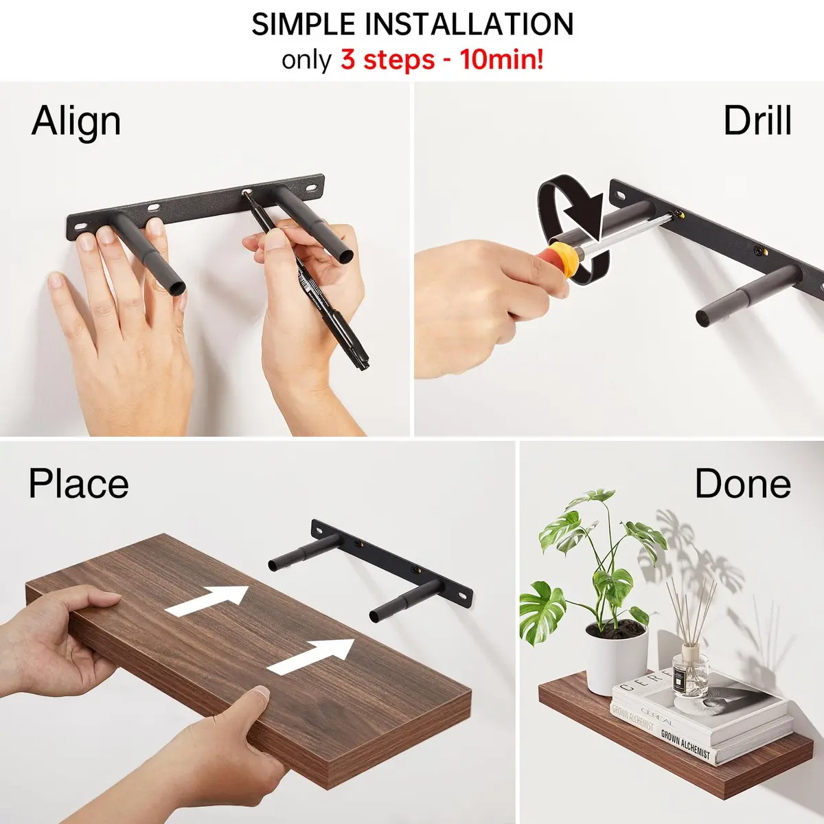 BAYKA Walnut-Like Floating Shelves 15.7in | Modern & Rustic Wall Decor (70-120c) - view 8