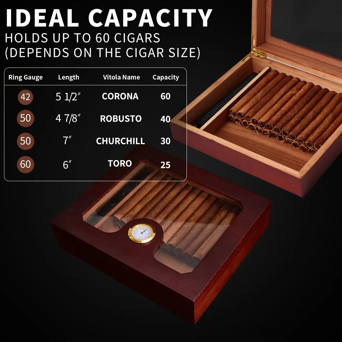 Somduy Cedar Wood Cigar Humidor for 25-30 Cigars with Humidifier & Hygrometer | Reddish Brown Classic Style - view 2