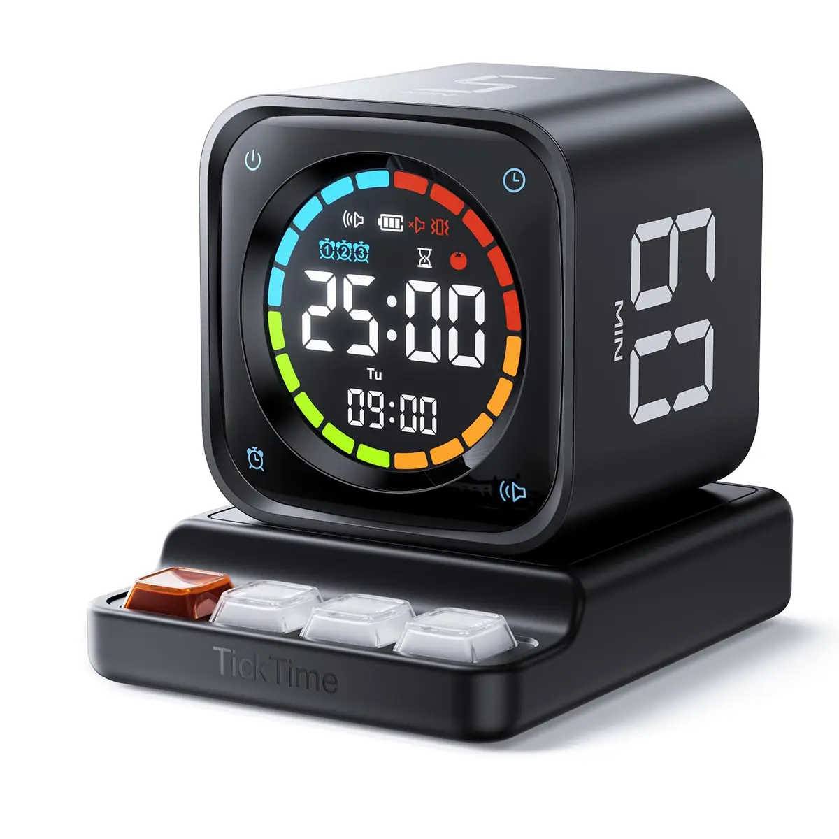 Ticktime TK3 Pomodoro Timer Cube | 25/5 Min Presets, Custom Countdown, Silent Alarm, Retro Desk Clock, Black - main product image