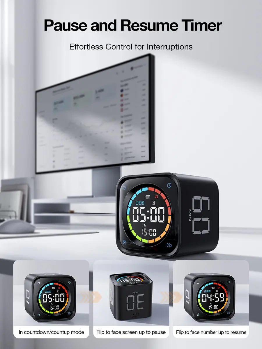 Ticktime TK3 Pomodoro Timer Cube | 25/5 Min Presets, Custom Countdown, Silent Alarm, Retro Desk Clock, Black - view 9